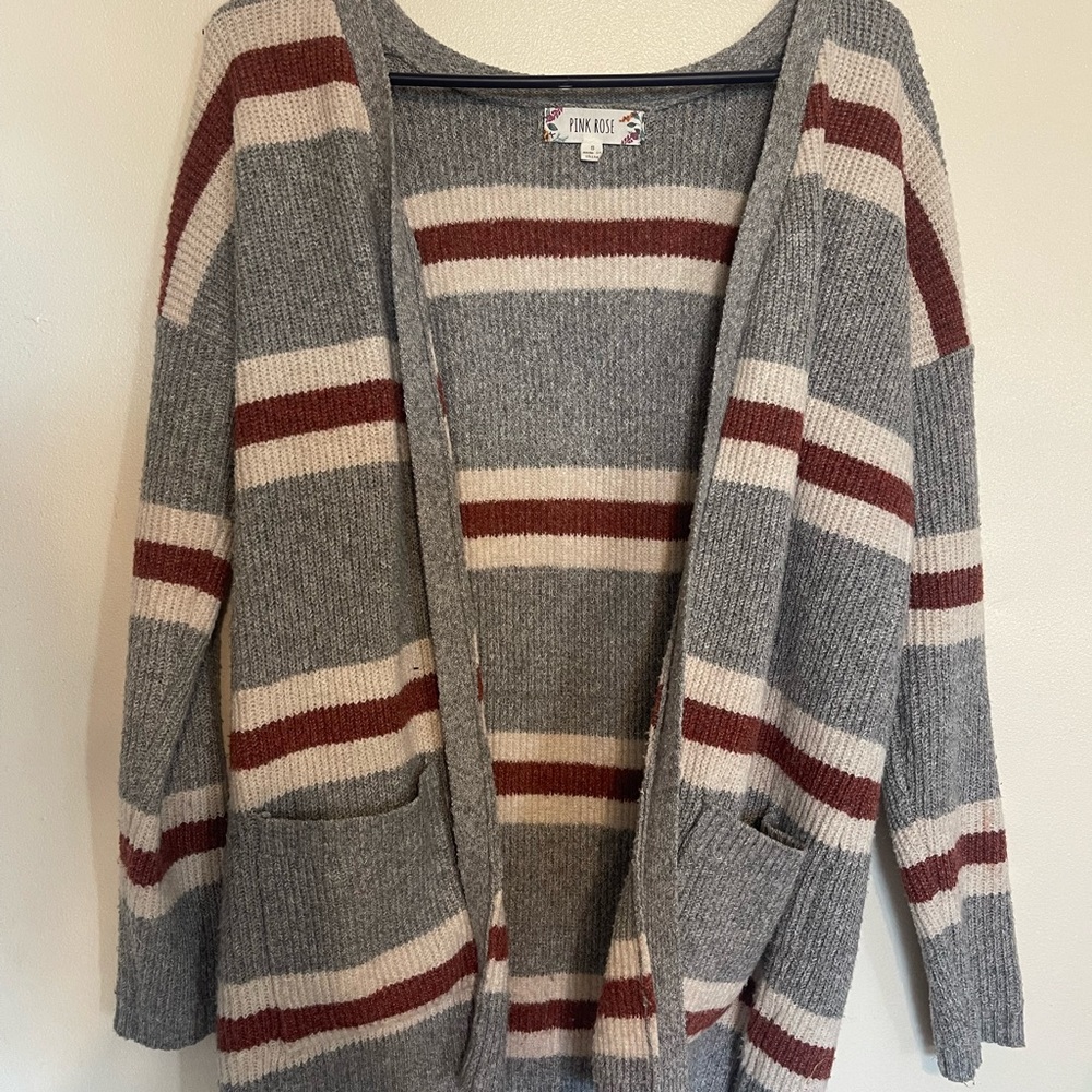 Pink Rose Women's Gray Cardigan with Red and Cream Stripes